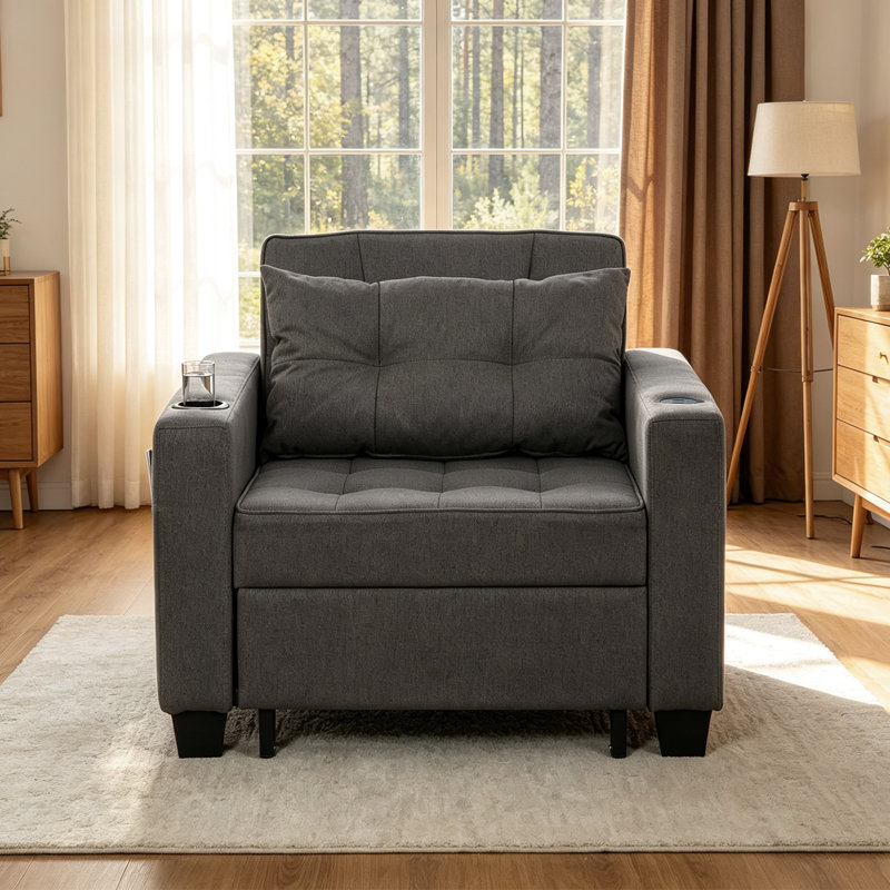 Upholstered Convertible Backrest Single Sofa Bed Accent Chair, Dark Grey