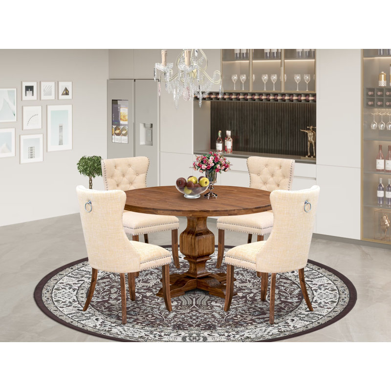 Ensemble de table de salle à manger 5 pièces en lin avec 4 chaises de salle à manger beige clair, des dossiers capitonnés et une table de cuisine ronde de 54 po au fini noyer antique.