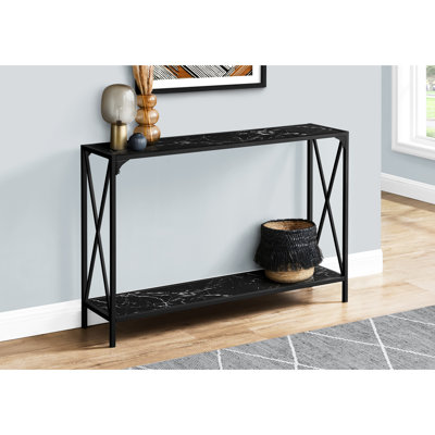 Black Marble Look Console Table With Rectangular Top And Bottom Shelf For Bedroom, Entryway Long Metal Frame Hallway,