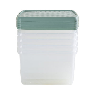 Wham Clip 5x 13.2L Square Plastic Storage Boxes with Secure Clip Lock Lids. L:39.5 x W:39.5 x H:12cm Clear/Green Milieu/Stone