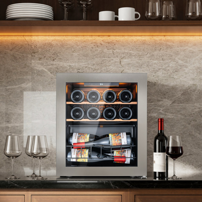Réfrigérateur à vin pour 14 bouteilles avec porte réversible Ca'lefort, tablettes réglables, refroidisseur à vin à contrôle de température précis de 37 à 65 ° F, système de refroidissement à compresseur, éclairage DEL à 3 couleurs, réfrigérateur à vin à porte en verre à 2 couches, parfait pour la cuisine, la salle à manger, Bar personnel