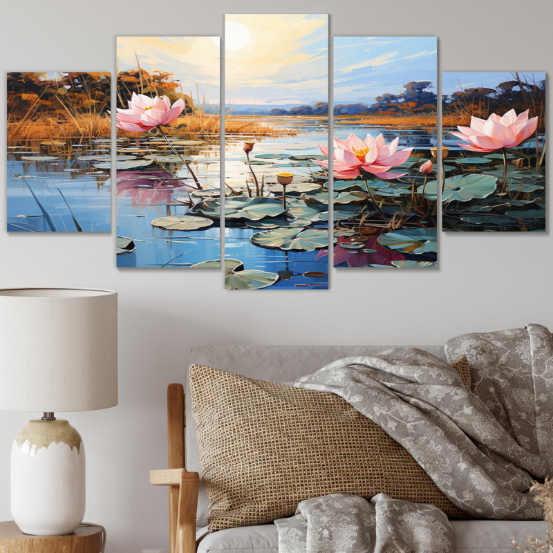 Art asiatique, lac de lotus sur toile, 5 pièces
