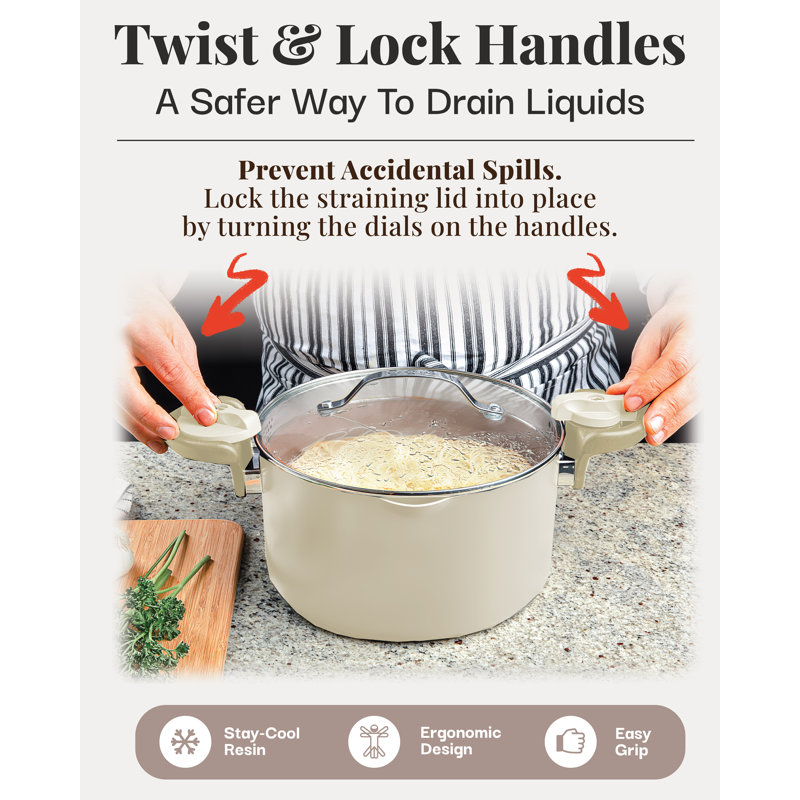 Cream Aluminum 5 Qt Nonstick Pasta Pot with Strainer Lid