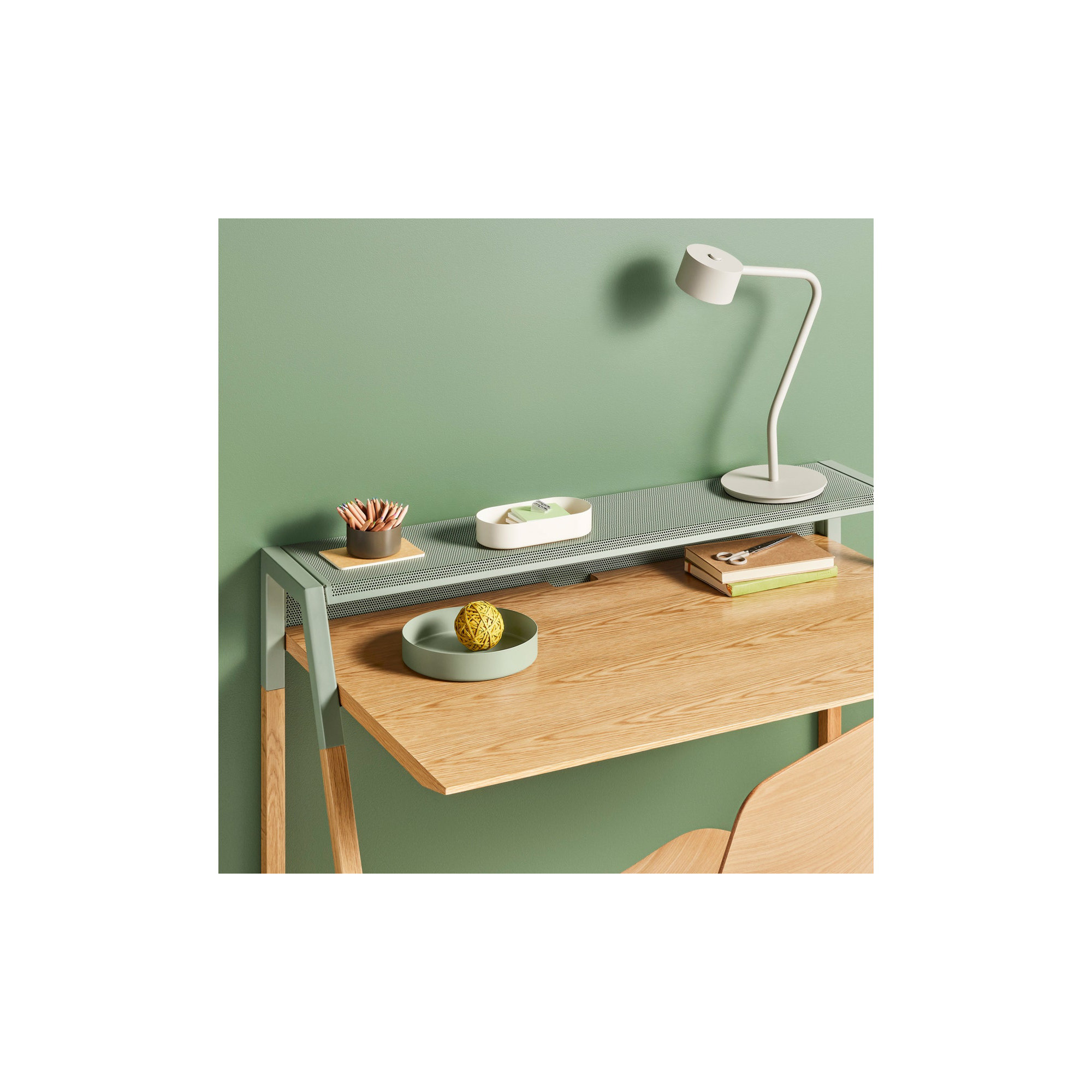 Cant Writing Desk, Gray Green/White Oak