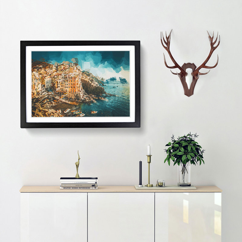 Riomaggiore Cinque Terre in Italy in Abstract - Framed Print, 35cm H x 50cm W x 2cm D, Black