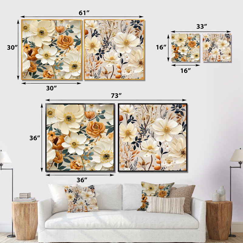 Trond - ensemble de 2 impressions sur toile florales, Cadre noir, H 16 po x l 33 po x P 1 po
