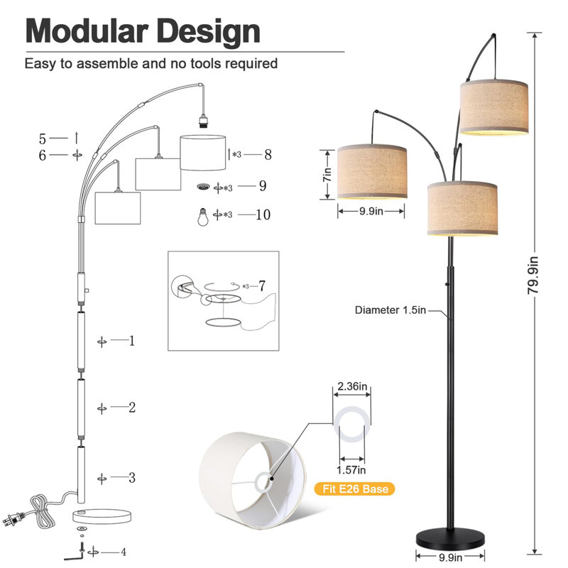 Lampe sur pied moderne 80 "pour le salon, Noir, noir, noir, noir, Beige