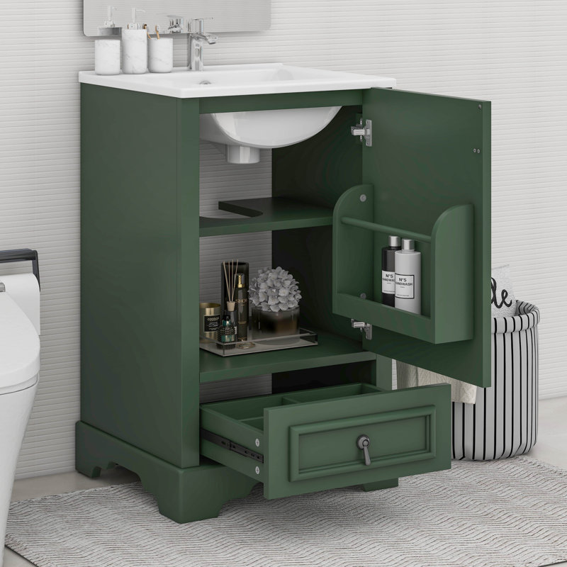 Meuble-lavabo moderne de 20 pouces avec lavabo en céramique, support de porte et tablettes réglables, Vert