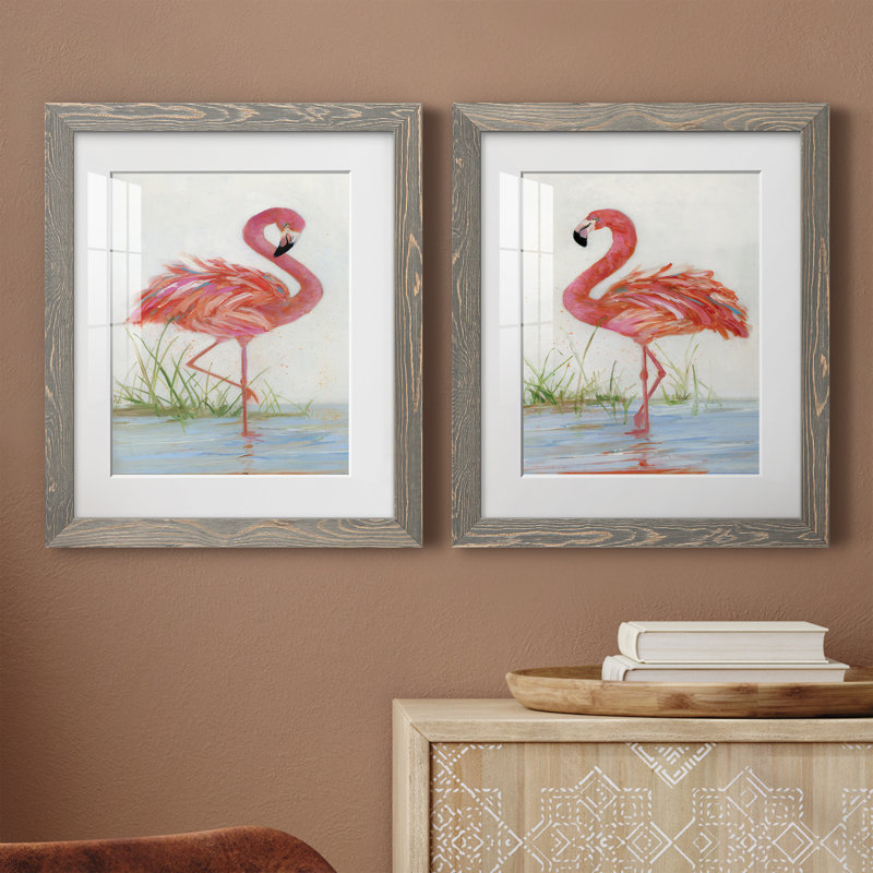 Flamingo I - ensemble de 2 peintures, H 20 po x l 34 po, Papier dans un cadre photo, Gris