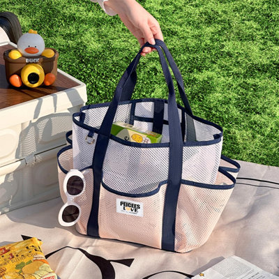 Pink Sandproof Polyester Mesh Beach Tote Bag With Eight Storage Pockets Lightweight Foldable Shoulder Handbag For Travel Gym Swimming And Picnic
