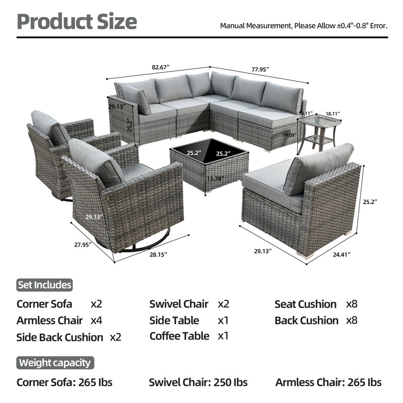 Almeria 8 - Person Modular Patio Conversation Set with Cushions, Gray