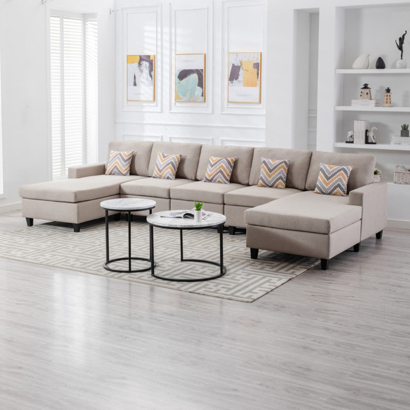 Canapé modulaire double moderne en lin 6 pièces avec pieds interchangeables, port USB, ports de charge et porte-gobelets Modern