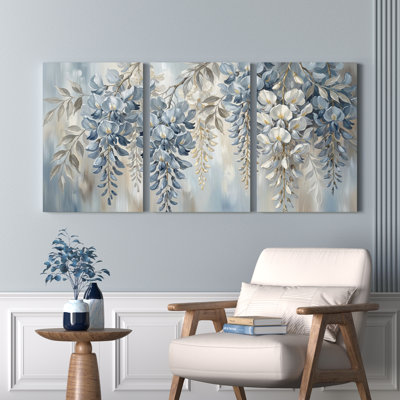Ensemble de 3 tableaux sur toile à motif floral de glycine bleue, pour la décoration du salon et de la chambre.