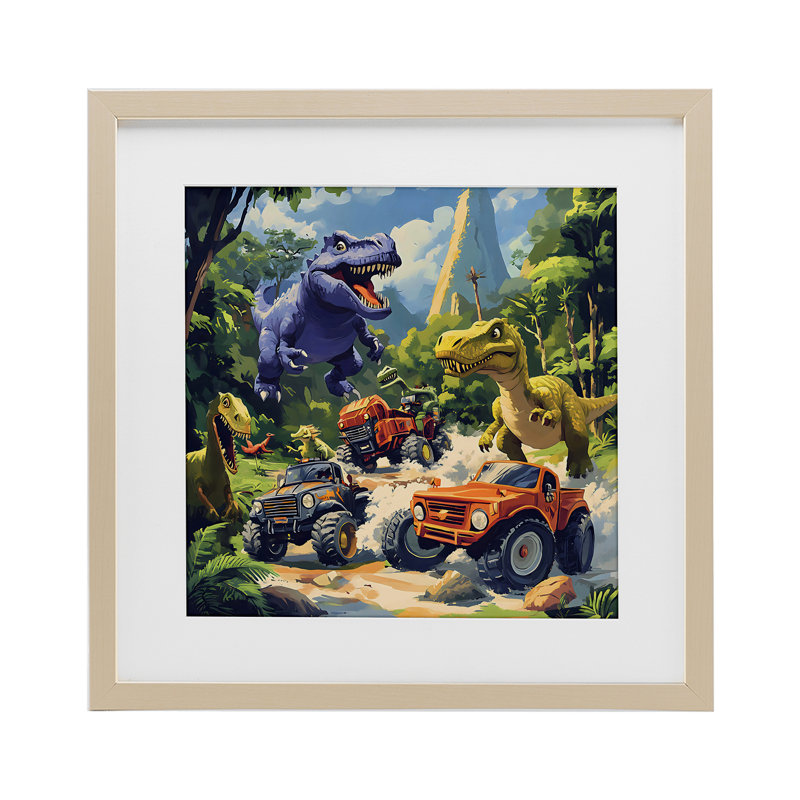 «Dinosaurs & Monster Truck», reproduction encadrée sous verre, design by Creative Studio, Cadre de récolte en pin