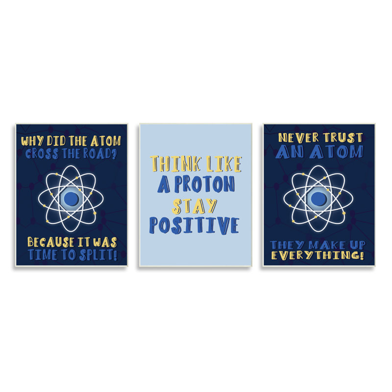 "Atom Cross the Road", "Humour", "Molecules bleues" par Daphne Polselli - ensemble de 3 reproductions d'art textuel