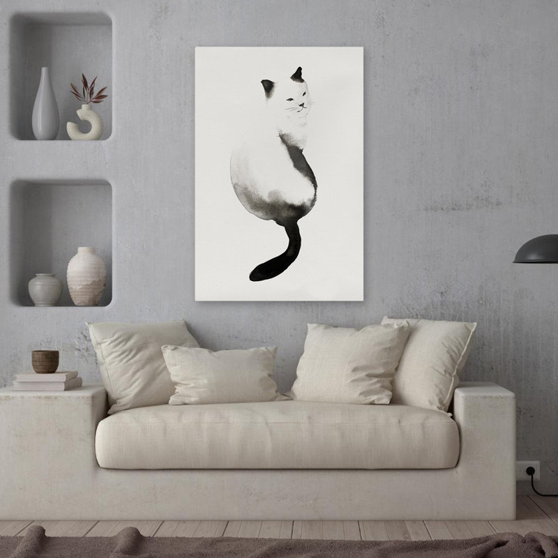 Chaton noir I, art décoratif aquarelle minimaliste, H 36 po x l 24 po