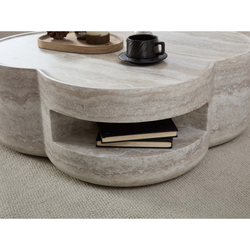 Table basse moderne avec trèfle à quatre feuilles et rangement ouvert