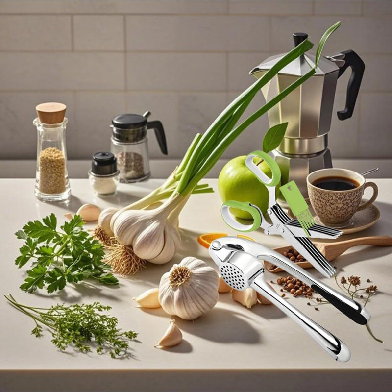 All-in-One Herb Scissors & Garlic Press Set, Rust-Resistant Kitchen Prep Tool Kit with Peeler and Cleaning Brush