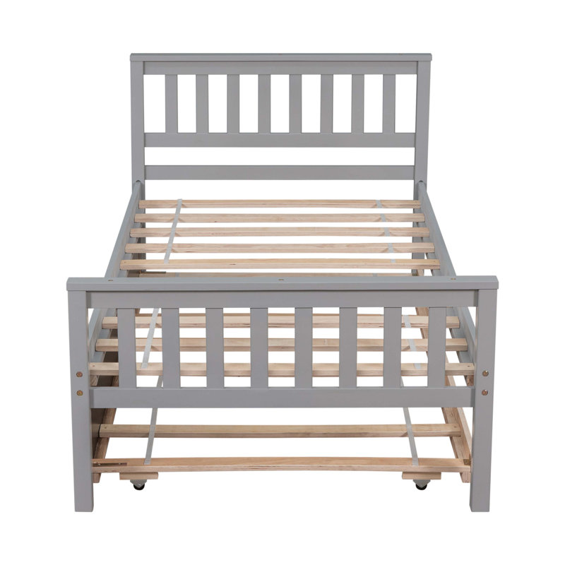 Twin Bed with Trundle, Platform Bed Frame with Headboard and Footboard, No Box Spring Needed,Grey