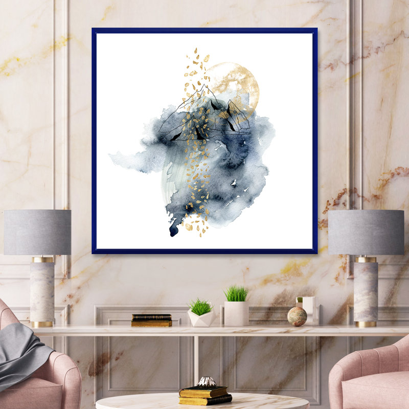 «Minimalistic Landscape of Mountains with Moon», peinture sur toile à cadre flottant, H 36 po x l 36 po x 1,5 po