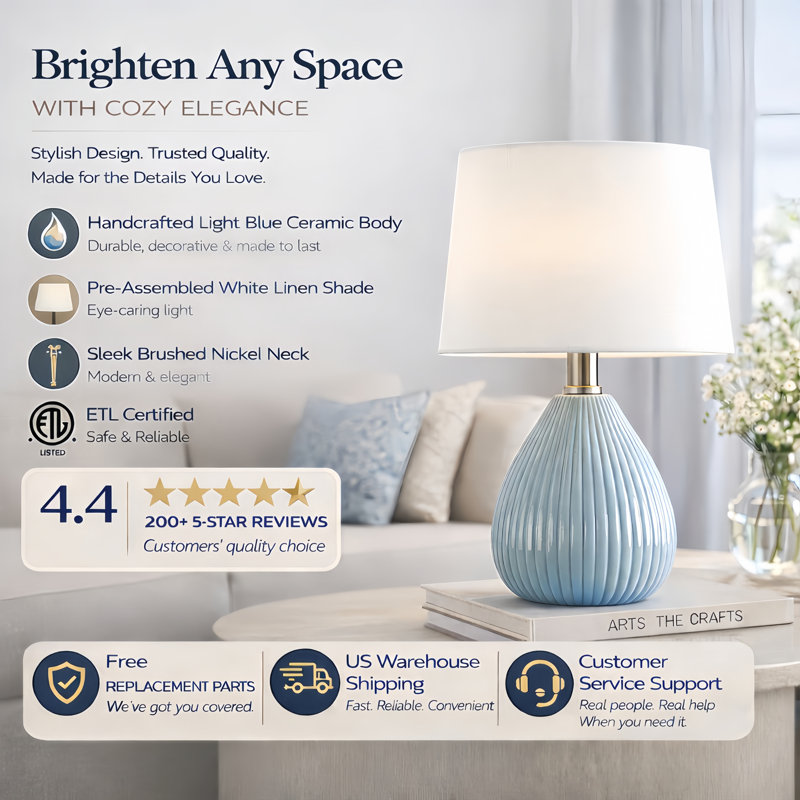 Novack 14.5" Modern Blue Ceramic Bedside Table Lamp Set with White Linen Shade for Bedroom, Living Room and Study, Blue