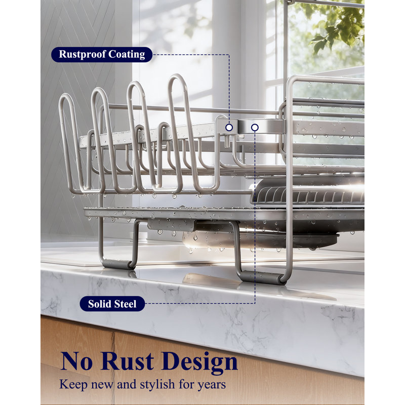 Extendable Dish Drying Rack, Large Drying Dish Rack with Cutlery & Cup Holders, Multifunctional Dish Racks for Counter with Drainage, 18.2"-25.7" L x 12.9" W, Sliver