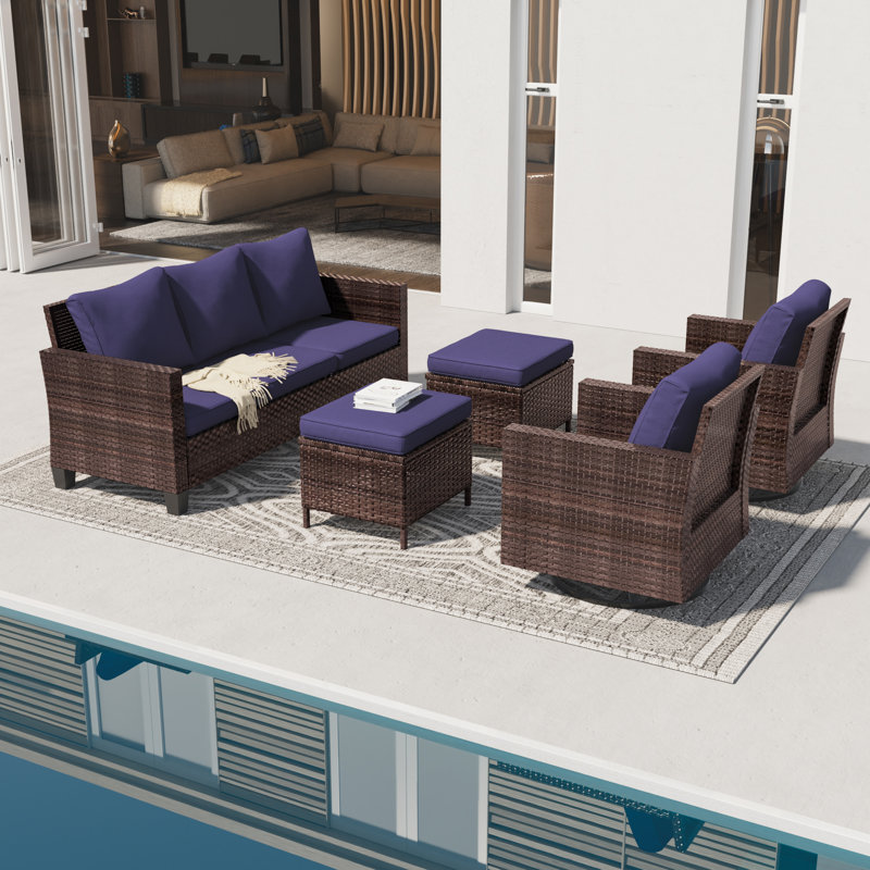 5 - Person Wicker Swivel Rocker Chair Outdoor Seating Group with Cushions, Brown, Navy Blue