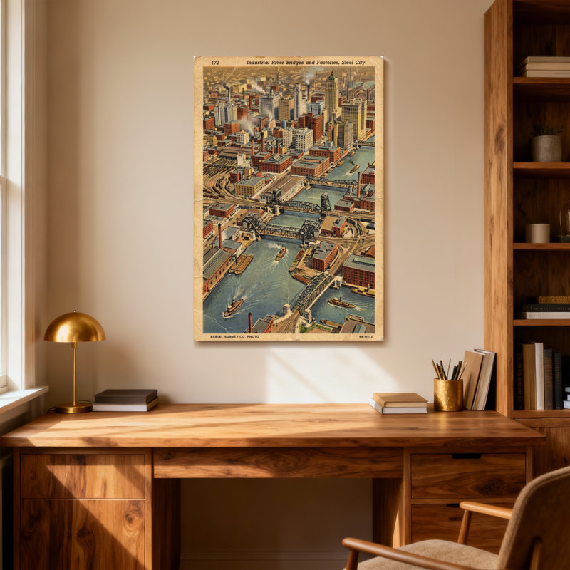 Scenic & Cityscapes Industrial River Bridge and Factories Steel City, H 24 po x l 16 po