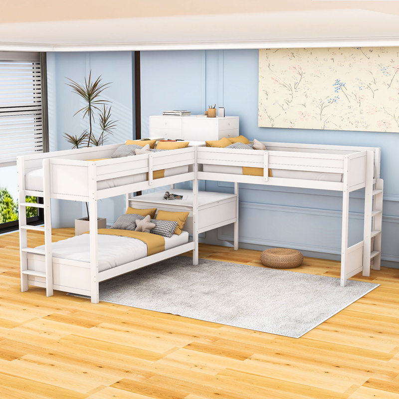 L-Shaped Bunk Bed with Built-In Desk, 4 Drawers, USB Ports and Power Outlet, White