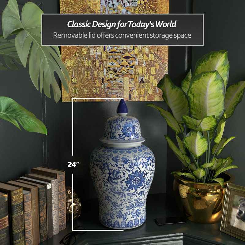Timeless Chinese Temple Jar, Blue Floral, 24"