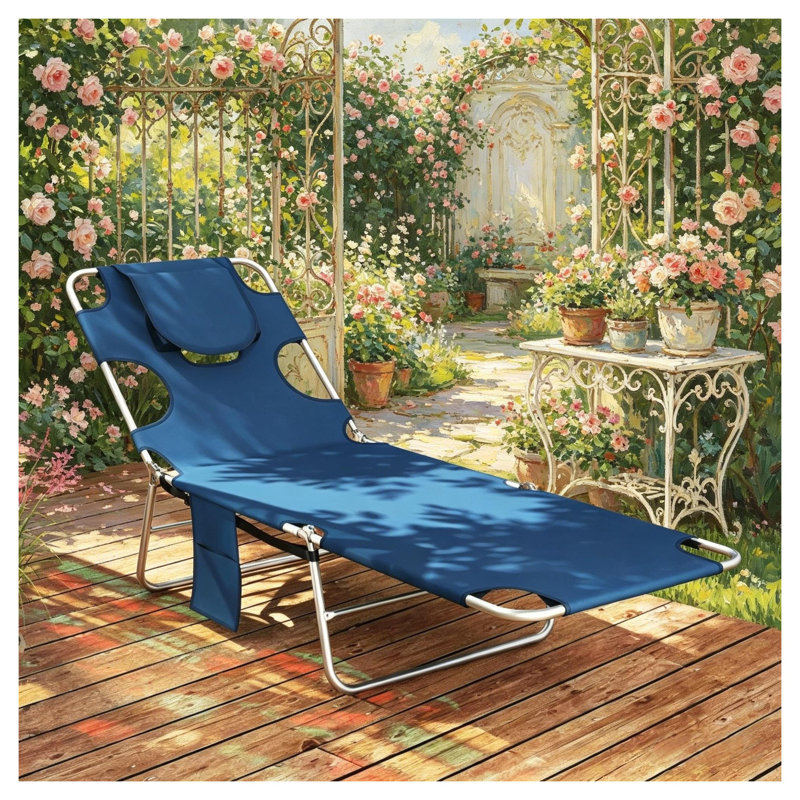 Méridienne d'extérieur pliable avec dossier réglable à 5 positions, conception de bronzage face vers le bas et sangle de transport, structure en acier bleu foncé