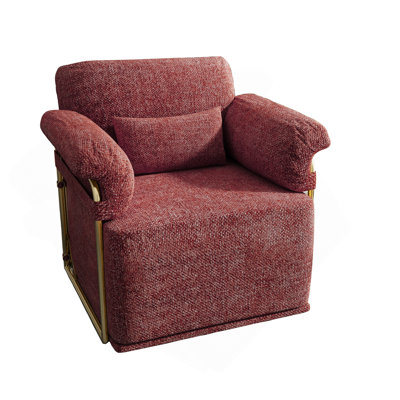 Fauteuil d'appoint pivotant à 360 degrés, fauteuil de lecture rembourré en tissu moelleux avec pieds en métal doré, fauteuil confortable pour le salon, la chambre à coucher et le bureau (rouge et brun)