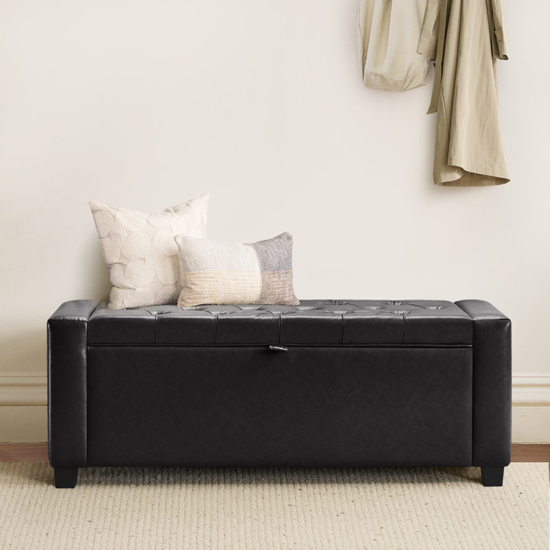 43" Faux Leather Upholstered Storage Bench, Tufted Ottoman Bench For Living Room, Bedroom, Entryway, Black, Black
