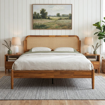 Base de lit grand format Jamison avec tête et pied de lit, lit plateforme en bois massif, 12 lattes de soutien durables avec pieds en métal, antidérapant et silencieux, finition miel d'acacia