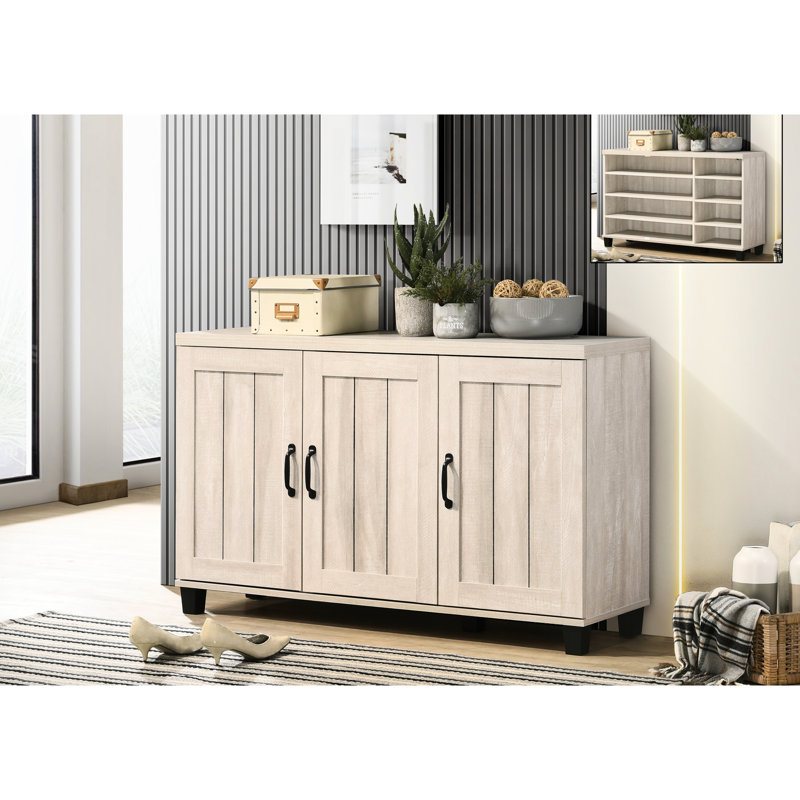 Armoire à chaussures Dusty en chêne gris, 45 po, 3 portes, 6 tablettes réglables, armoire élégante à 3 portes avec tablettes