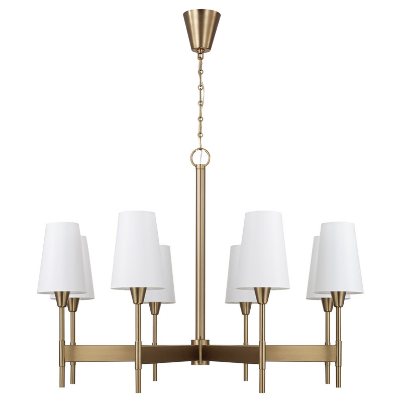 42" W x 21" H 8-Light Chandelier in Aged Brass with White Fabric Shades and Designer Canopy, 42"W x 30"H, 8