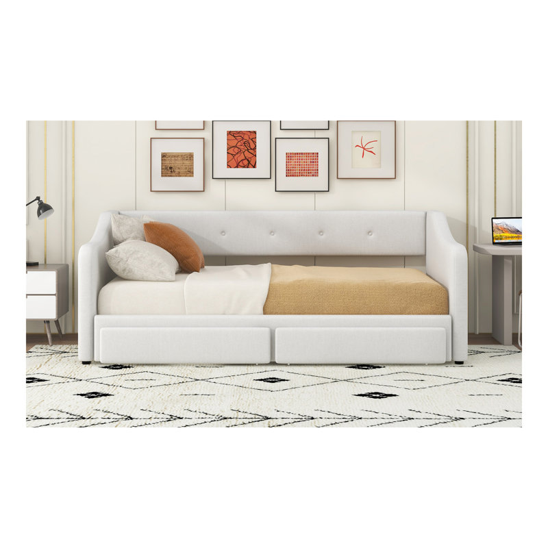 Twin XL to King Size Upholstered Daybed with Two Drawers, Beige