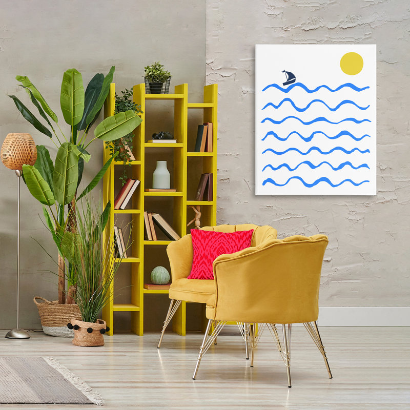 «Blue Waves & Sailboat Doodle», art mural sur toile par Ahmad Mêmeh Hussein, H 40 po x l 30 po