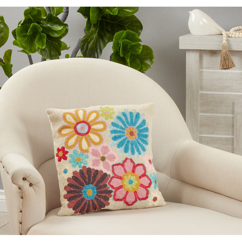 Embroidered Multicolor Cotton Square Throw Pillow, 16"