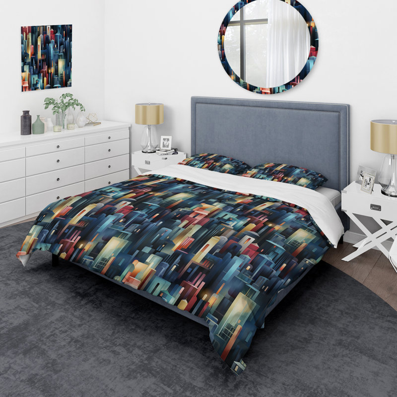 Literie Blue and Red Dynamic Cityscape Delight, Housse de couette pour grand lit et 2 taies décor