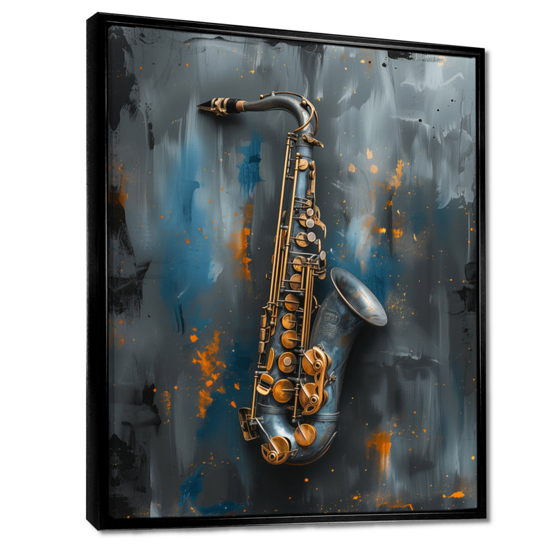 «Blue Gray Music Instument Saxophone», reproduction d'art mural, Cadre flottant noir, bois massif, H 12 po x l 20 po