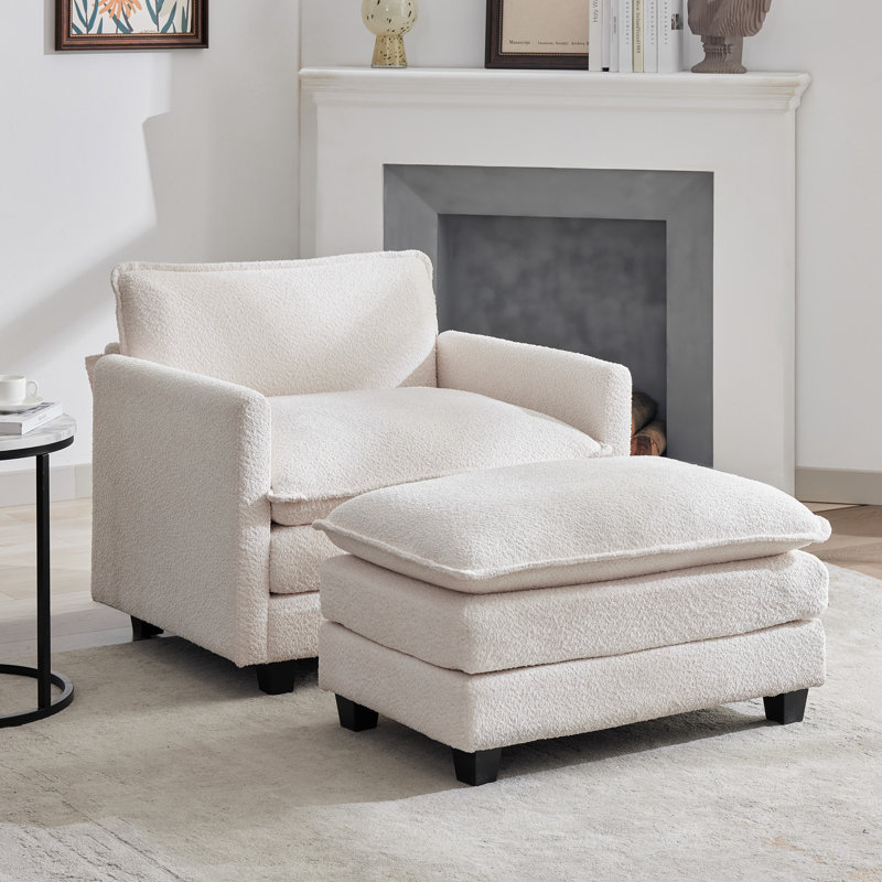 Fauteuil d'appoint rembourré avec repose-pieds Redenius Boucle, Mélange de polyester beige