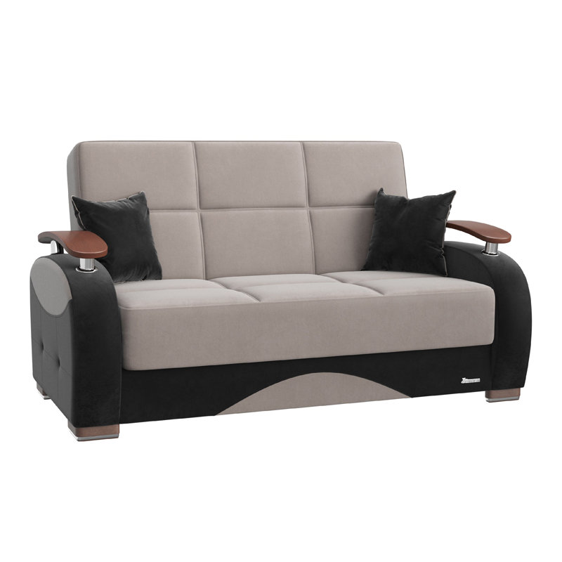 Gray Microfiber Upholstered Loveseat with Storage and Wooden Arm Tops