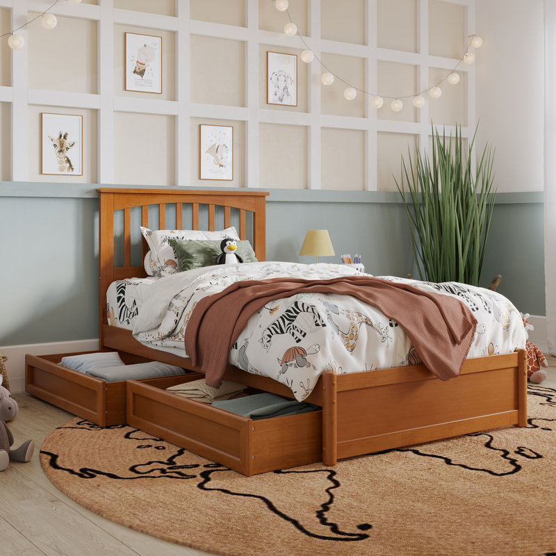 Lit plateforme en bois massif avec pied de lit et tiroirs sous le lit Asparas, Simple, Caramel clair