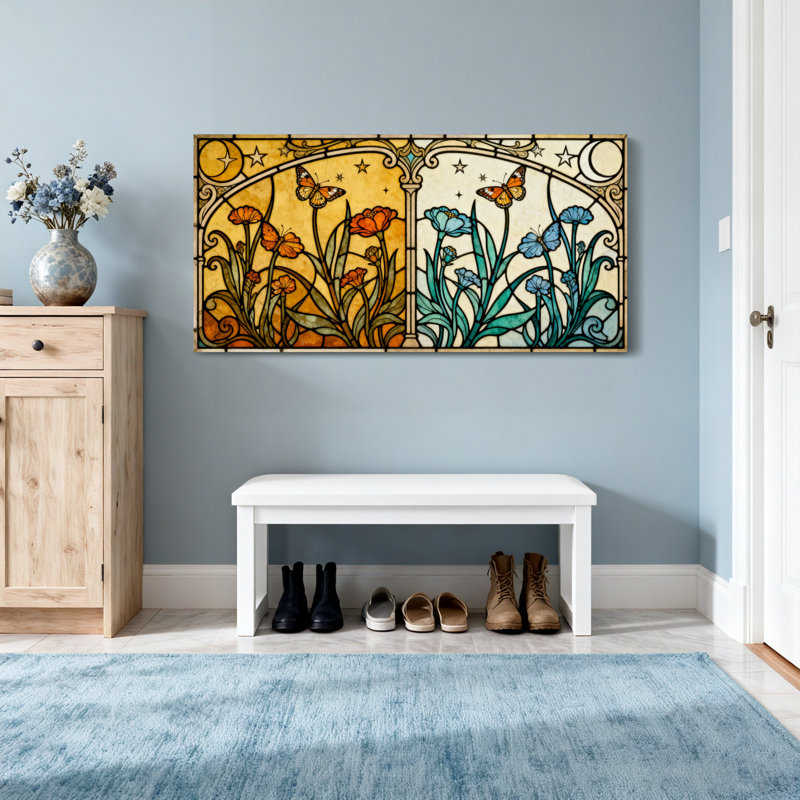 Illustration de mode papillon en vitrail floral, H 24 po x l 48 po