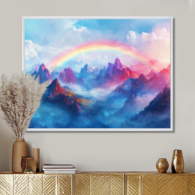 Arc-en-ciel au-dessus des montagnes - art mural arc-en-ciel, H 16 po x l 32 po, Cadre flottant blanc