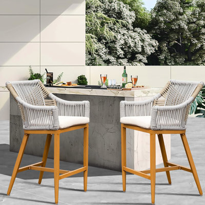 Of 2 Outdoor Counter Height Stools - Aluminum Structure, Rope, Khaki Cushion For Garden, Pool, Patio Seating Group 2Pcs Bar Chairs, Aluminum, Armrest & , Cushion, Patio, Kitchen, Square