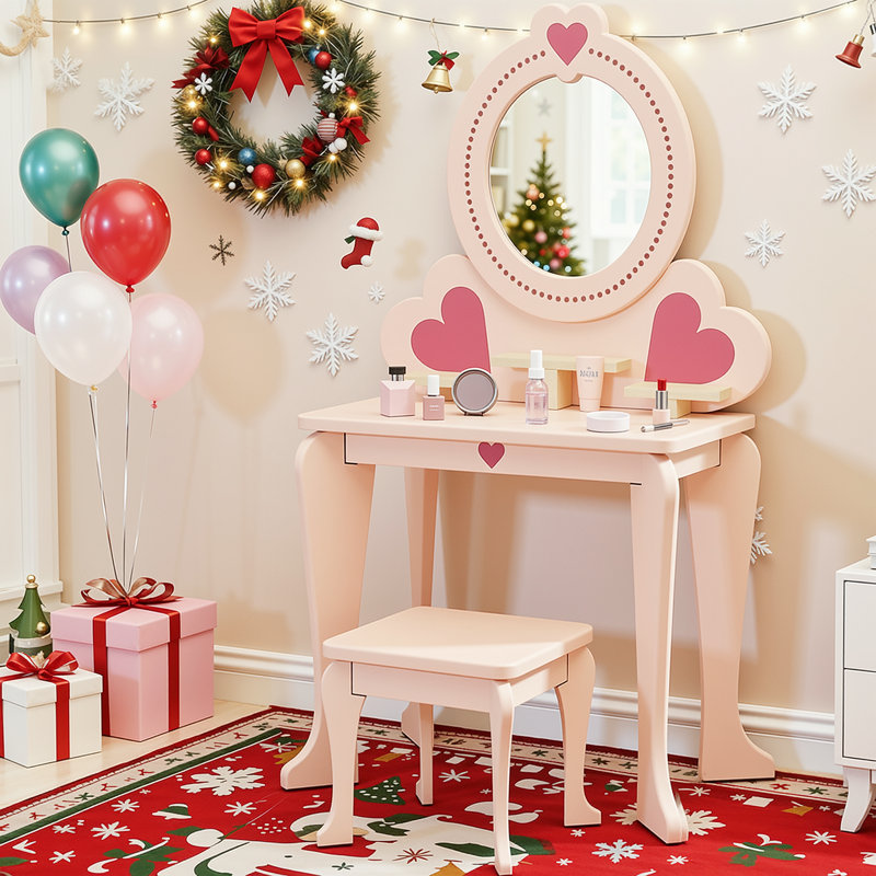 Kids Vanity Set With Mirror And Chair, 2-in-1 Convertible Vanity Table With Storage, Toddler Makeup Toy With 8 Pcs Accessories For Pretend Play, Gift For Girls 3 Year Old(pink)