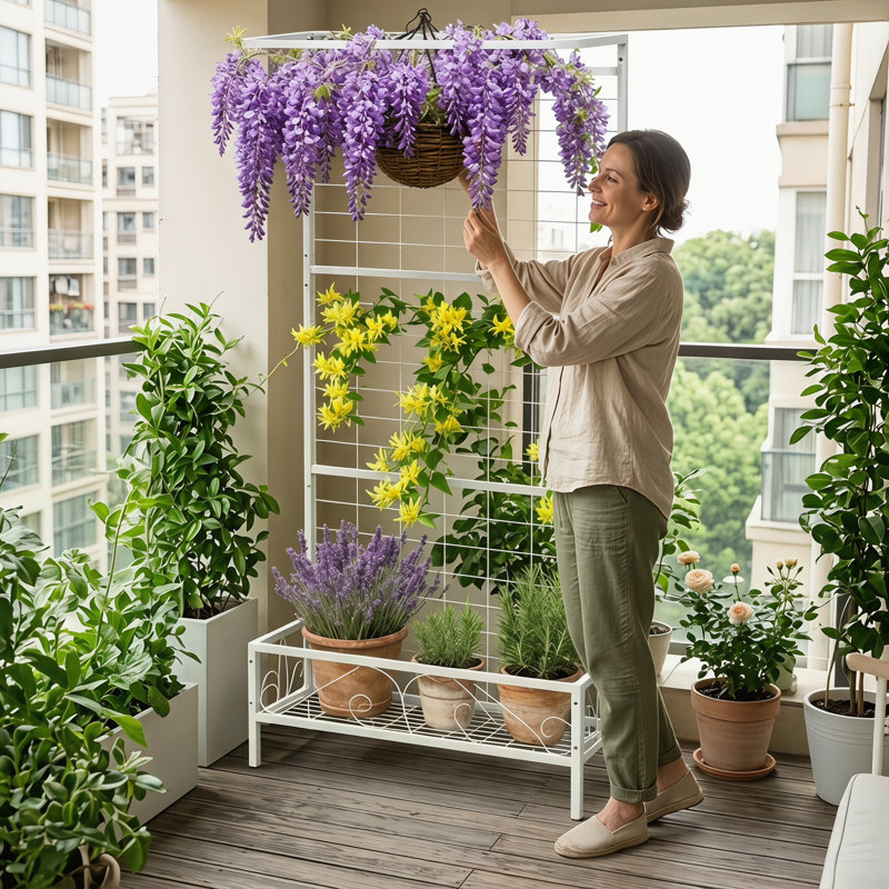 Grand support à plante en métal blanc avec treillis et barre de suspension, support à plante d'intérieur pour plantes grimpantes et fleurs