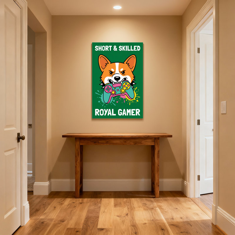 Animaux Corgi tenant une manette avec une expression fâchée, H 12 po x l 18 po, Toile tendue, Ne s’applique pas
